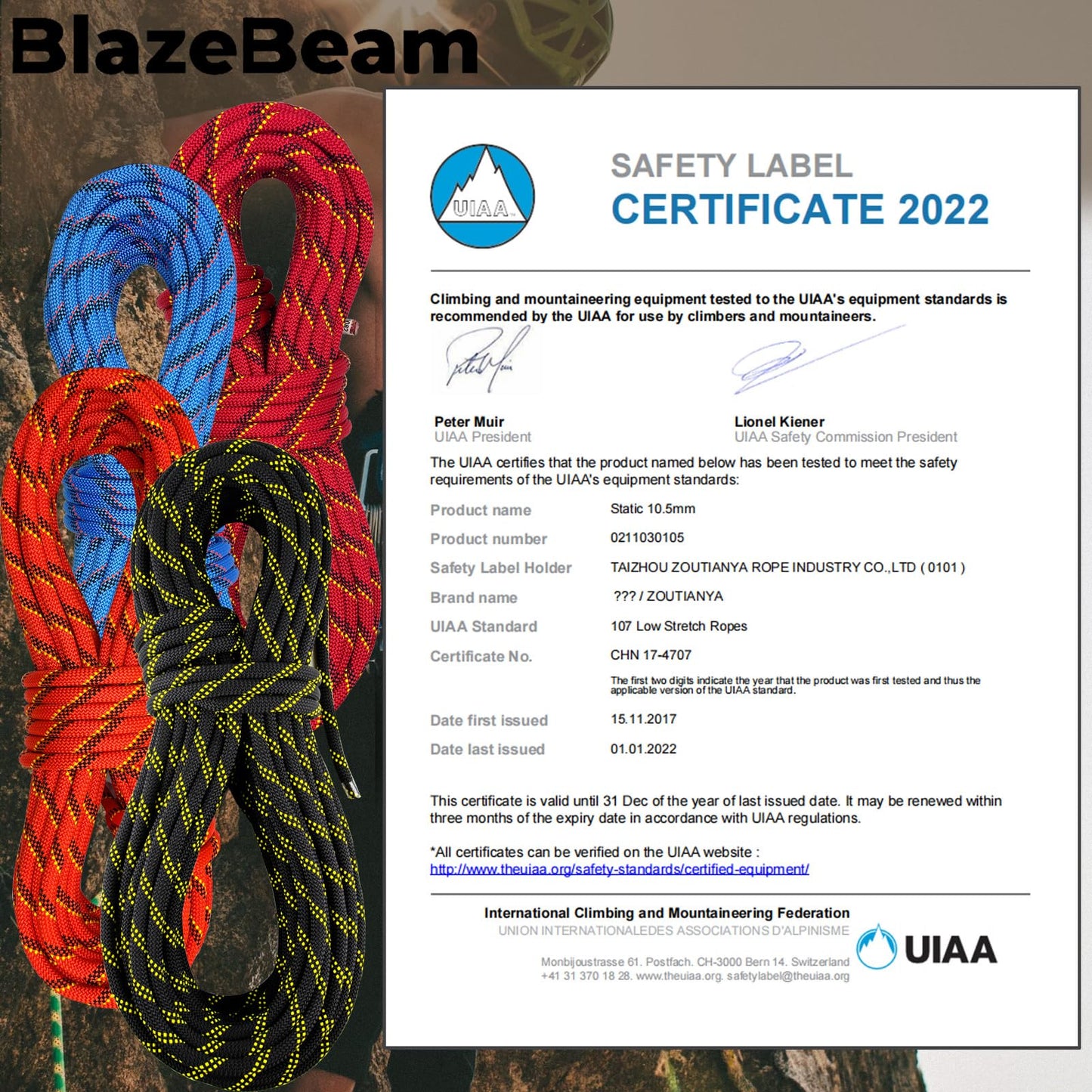 BlazeBeam Static Climbing Rope 10.5mm UIAA Static Line Rappelling Rope 45M (150ft) Nylon Kern Mantle Rope for Escape Rope Rock Climbing, Mountain Tree Climbing, Hauling, Rescue