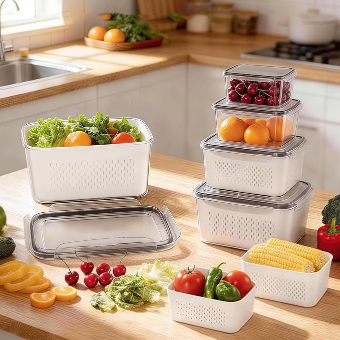 HOMETALL 8 Pack Fruit Storage Containers for Fridge, Fridge Organizers and Storage with Colander, Dishwasher & Microwave Safe Produce Containers Keep Fruits, Vegetables, Berry, Meat Fresh Longer