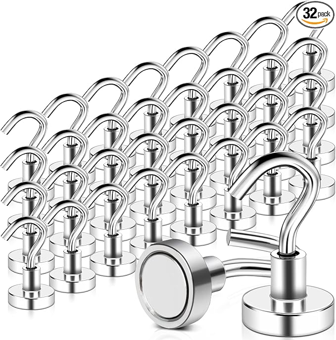 MAGXCENE 32 Pack Magnetic Hooks Heavy Duty, 25 lbs Strong Magnet Hooks for Cruise Refrigerator, Neodymium Magnets with Hooks for Grill Hanging Kitchen Tool Storage