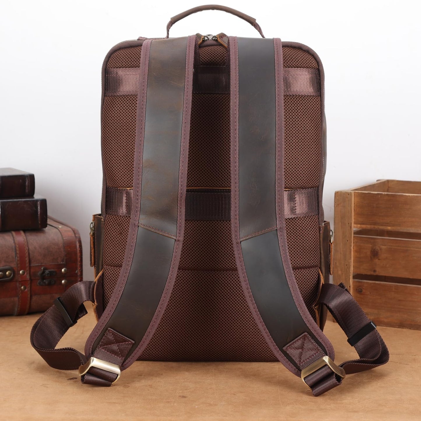 Masa Kawa Brown Leather Laptop Backpack for Men Fits 16” 15.6” Computer, Vintage Business Travel Work Large Daypack Weekender Bag Camping Rucksack