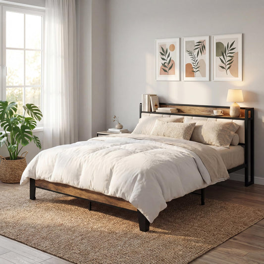 LIKIMIO Queen Bed Frame, Storage Headboard with Charging Station, Solid and Stable, Noise Free, No Box Spring Needed, Easy Assembly (Walnut and Beige)