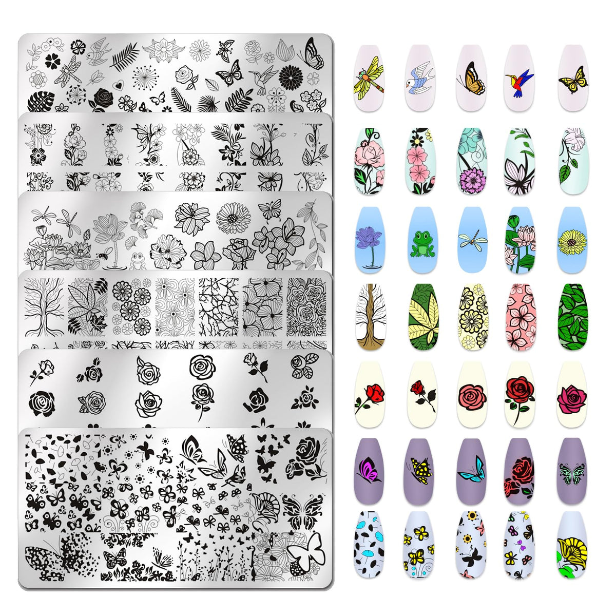 JERCLITY 6pcs Flower Nail Stamping Plate Nail Stamping Kit for Nails Rose Flower Lotus Butterfly Leaf Image Plates Nail Design Template Print Nail Stamper Kit for Women