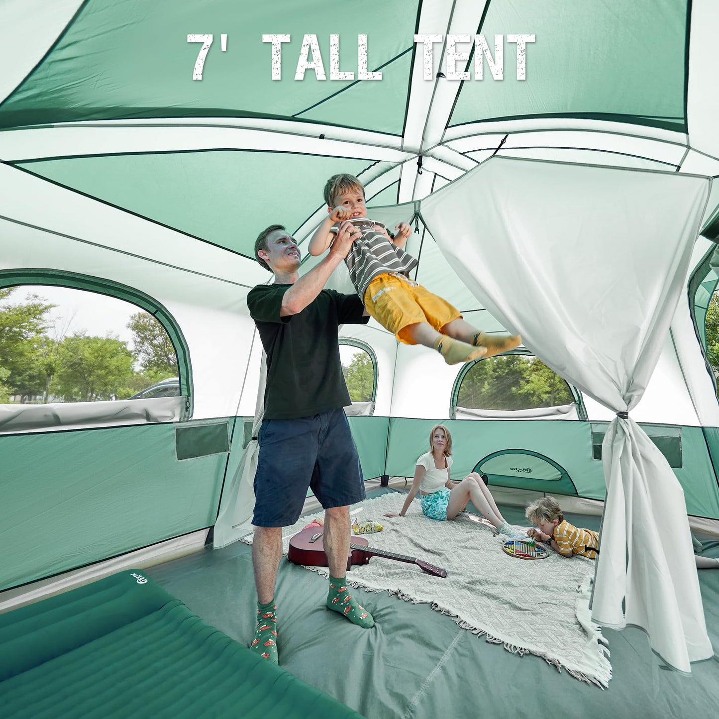 Portal 10 Person Camping Tent with Porch,Water Resistant,Big Family Cabin Tent with 2 Rooms, 6 Large Mesh Windows, Divided Curtain for Outdoor, Traveling, Camping