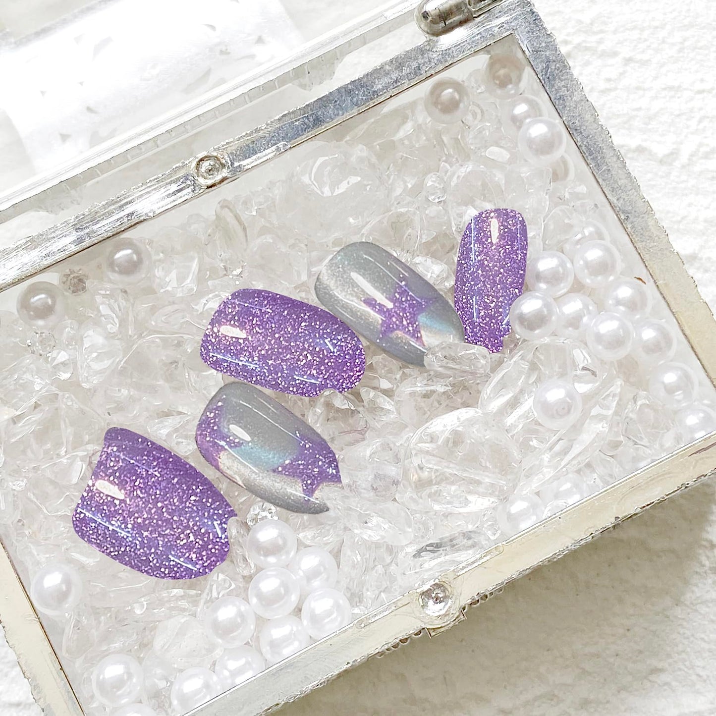 DreamRunNails Handmade Press on Nails, Purple Glitter and Opalescent French Tip, Medium Almond Shape, Reusable Glossy Acrylic Fake Nails for Women, Bridal Wedding Daily Wear
