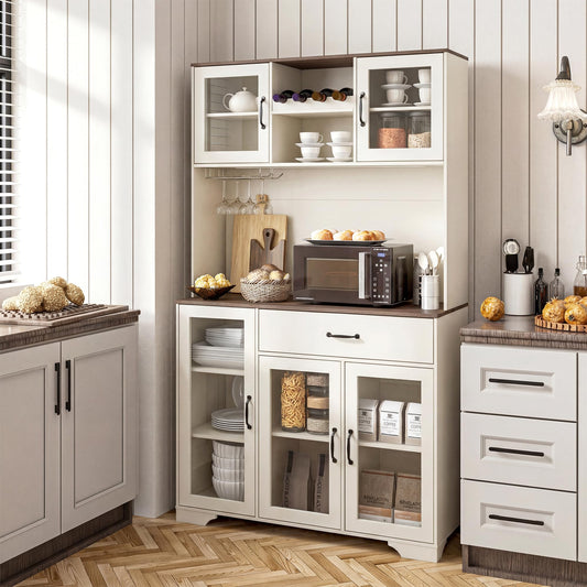 Hotmeily 71" Tall Pantry Cabinet with Charging Station, Kitchen Hutch with 3 Color LED Lights & Microwave Stand, Coffee Bar Cabinet with Large Storage Drawers for Dining Room, Living Room, White