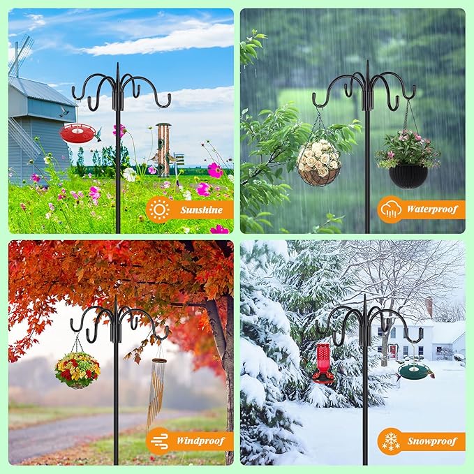 FEED GARDEN Heavy Duty Shepherds Hook 2 Pack 76" Four Hooks Adjustable (44/60/76") - Metal 5-Prong Base, 17lb Capacity - Easy Assembly Bird Feeder Pole for Hanging Planters, Lanterns, Wind Chimes