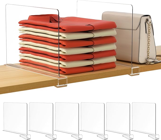 HBlife 6 Pack Closet Organizers and Storage, Clear Shelf Dividers, Vertical Purse Organizer for Closet Perfect for Sweater, Shirts, Handbags in Bedroom and Kitchen, Acrylic Bookshelf for Organization