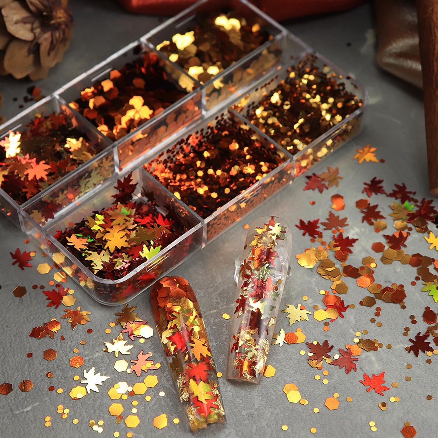 CJDLTS 6 Grid Fall Maple Leaf Glitter Sequins Nail Accessories Thanksgiving Day Glitter Manicure Mix Hexagon Circle Nail Art Glitter Flakes, 3D Nails Supplies Jewelry Studs Nail Decoration for Women