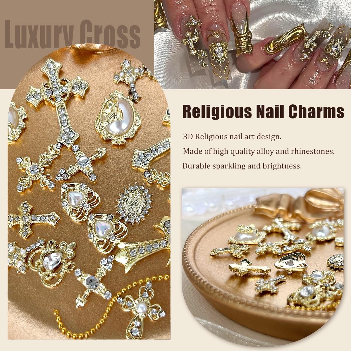 3D Luxury Cross Nail Charms,Gold White Flat Back Pearls Half Bead for Crafting,Cute Y2k Nail Rhinestones Gems for Nail Art Heart Flower Virgin Mary Angel Religious Charms Nail Chains Bulk