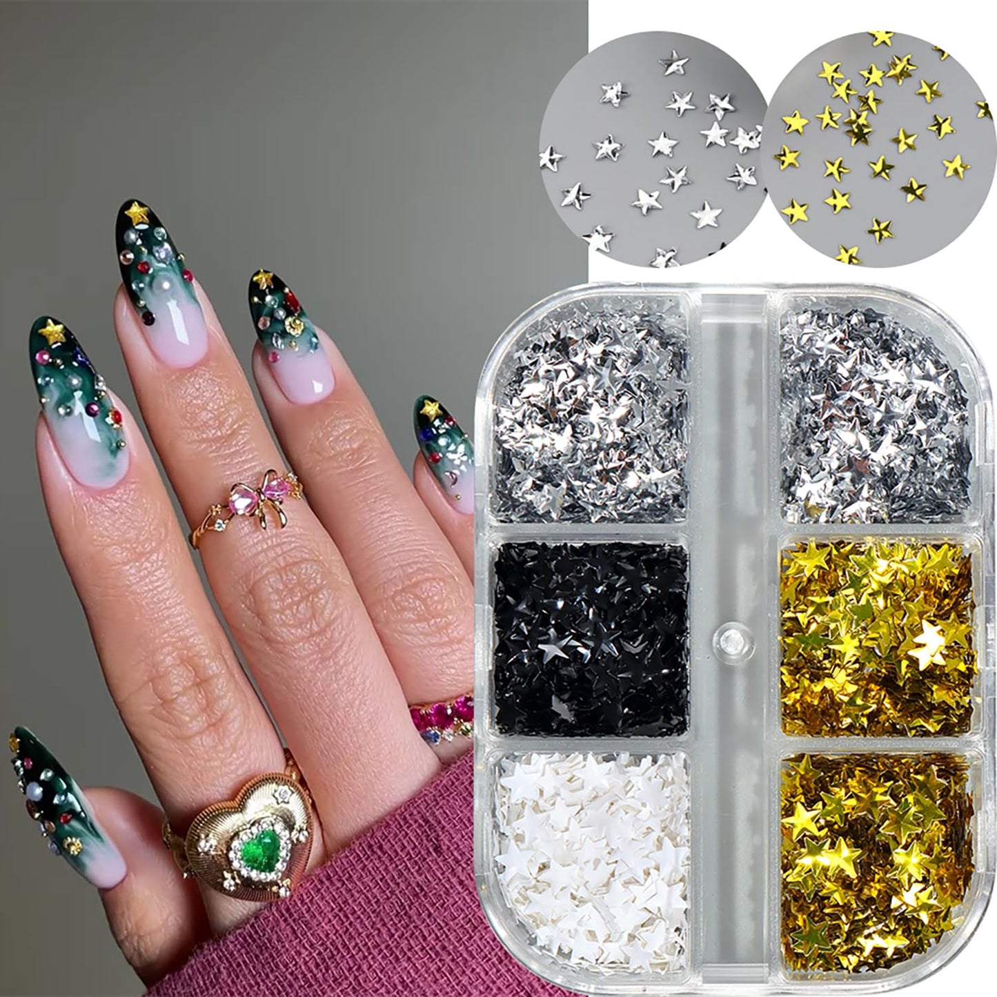 Christmas Nail Art Sequins 3D Stereo Stars Glitter Sequins Black White Gold Silver Star Nail Art Glitter Flakes Charistmas Day Nail Decorations Supplies Winter DIY Manicure Accessories for Women