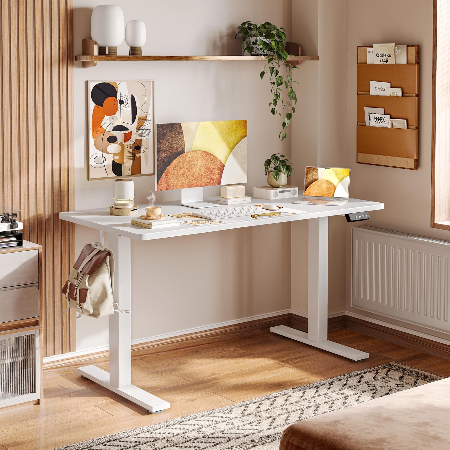 TIQLAB Standing Desk 63 x 24 inch, Electric Height Adjustable with Splice Board, Sit Stand Desk, for Home Office, White
