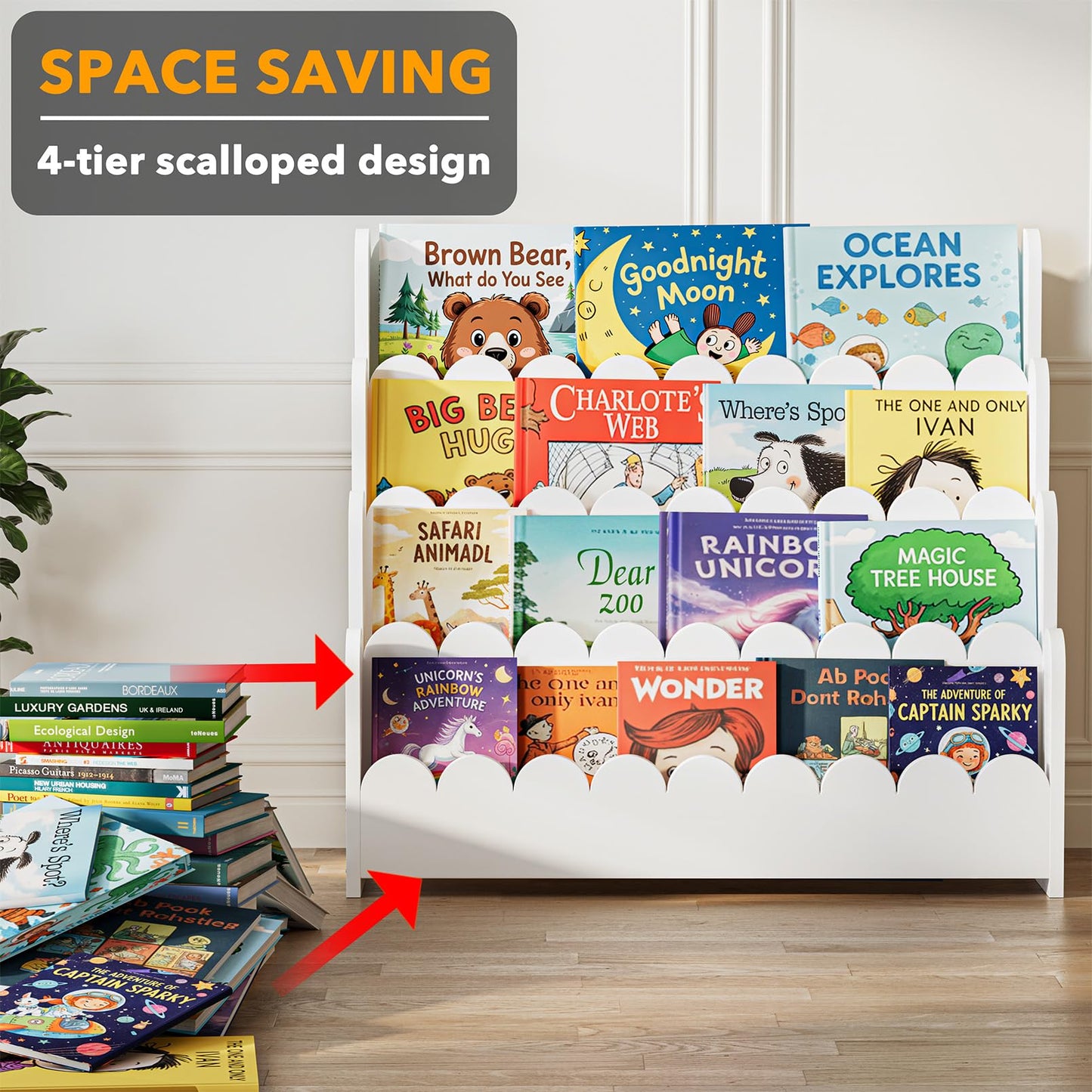 SpaceAid 4-Tier Scalloped Bookshelf, Montessori Bookcase for Toddlers, Wooden Book Shelf Organizer Display Furniture for Kids Rooms, Playroom, Nursery and Classroom, 29.6“ Wide, White