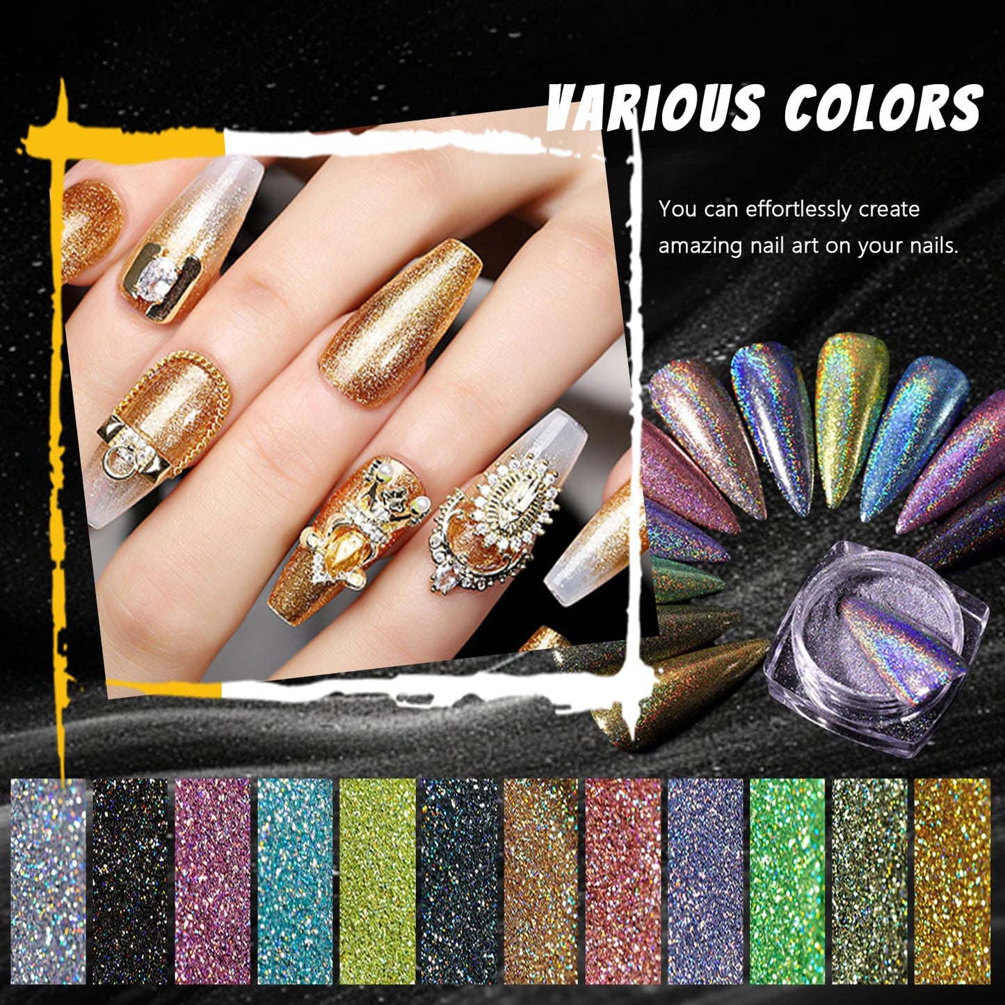 MKNZOME 12 Jars Holographic Nail Powder, Chrome Nail Powder Kit Black Blue Ultra Fine Glitter Powder Set, Rainbow Neon Pigment Manicure Glitter Dust with 12 Pcs Dual Sides Sponge Applicators