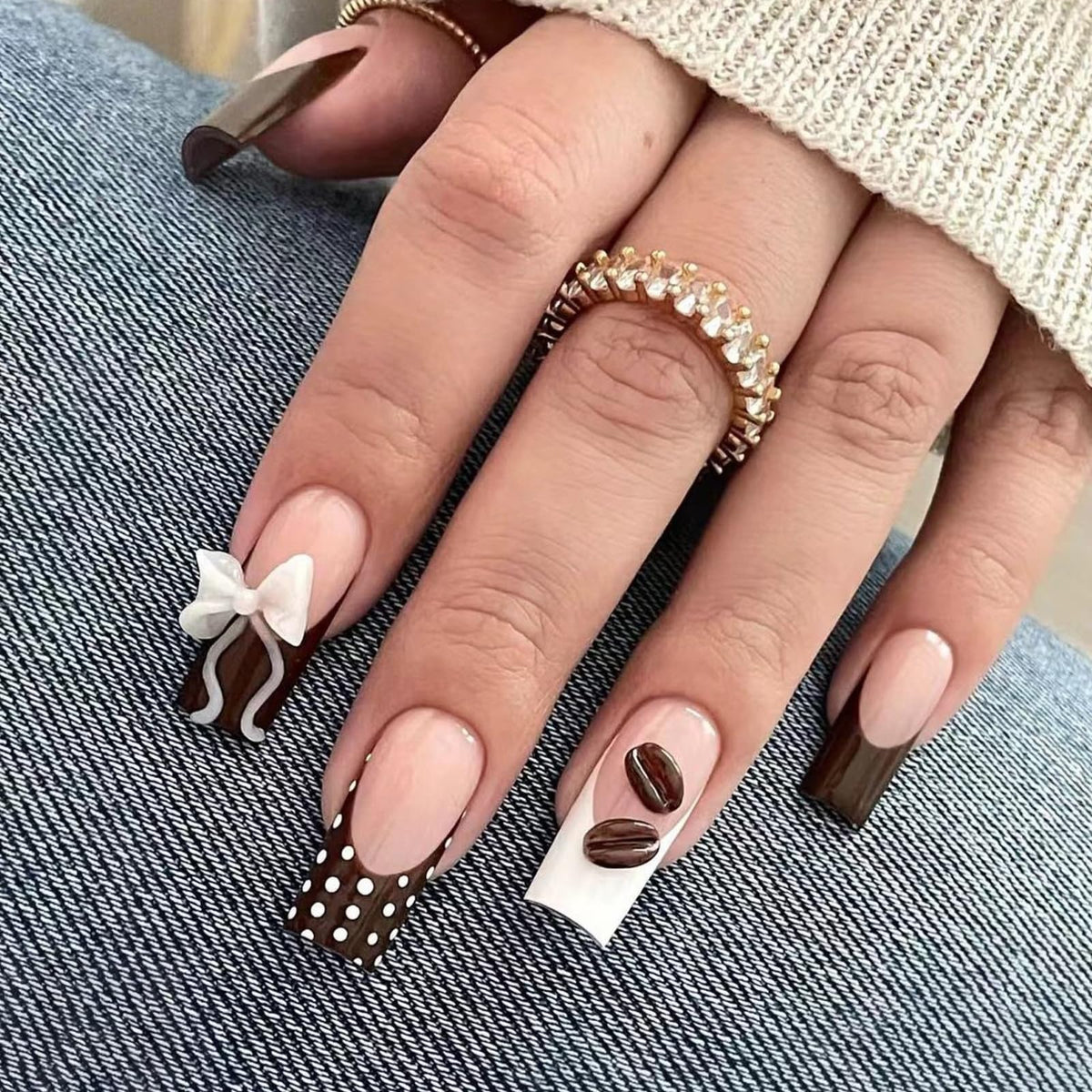 IMRAIN Square Press on Nails Long Fake Nails Brown French Tip False Nails with Polka Dot, Bow, Coffee Bean Design Reusable Artificial Handmade Stick on Nails for Women Manicure