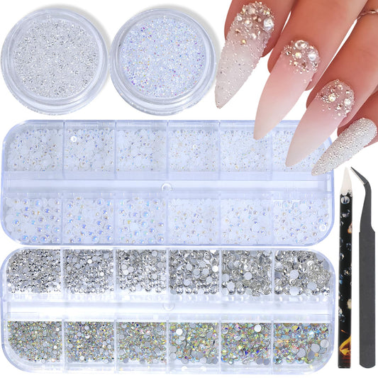 HNUIX Nail Art Charms - Metal Silver & Gold Beads, Flat Back Round Rhinestones, Small Nail Pearls, 3D Mixed Sizes Decorations for Nails