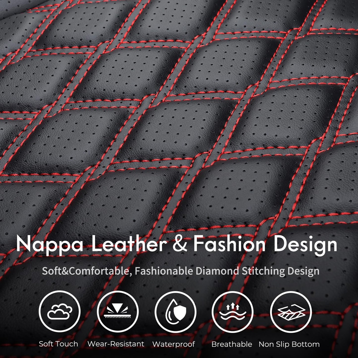 Huidasource Wrangler JK Seat Cover 4 Door, Leather Custom Car Seat Covers, Front&Rear Seat Cushion Protector Fit for Jeep Wrangler JK 4-Door Sahara Sport Rubicon 2007-2017(Full Set/Black&Red)