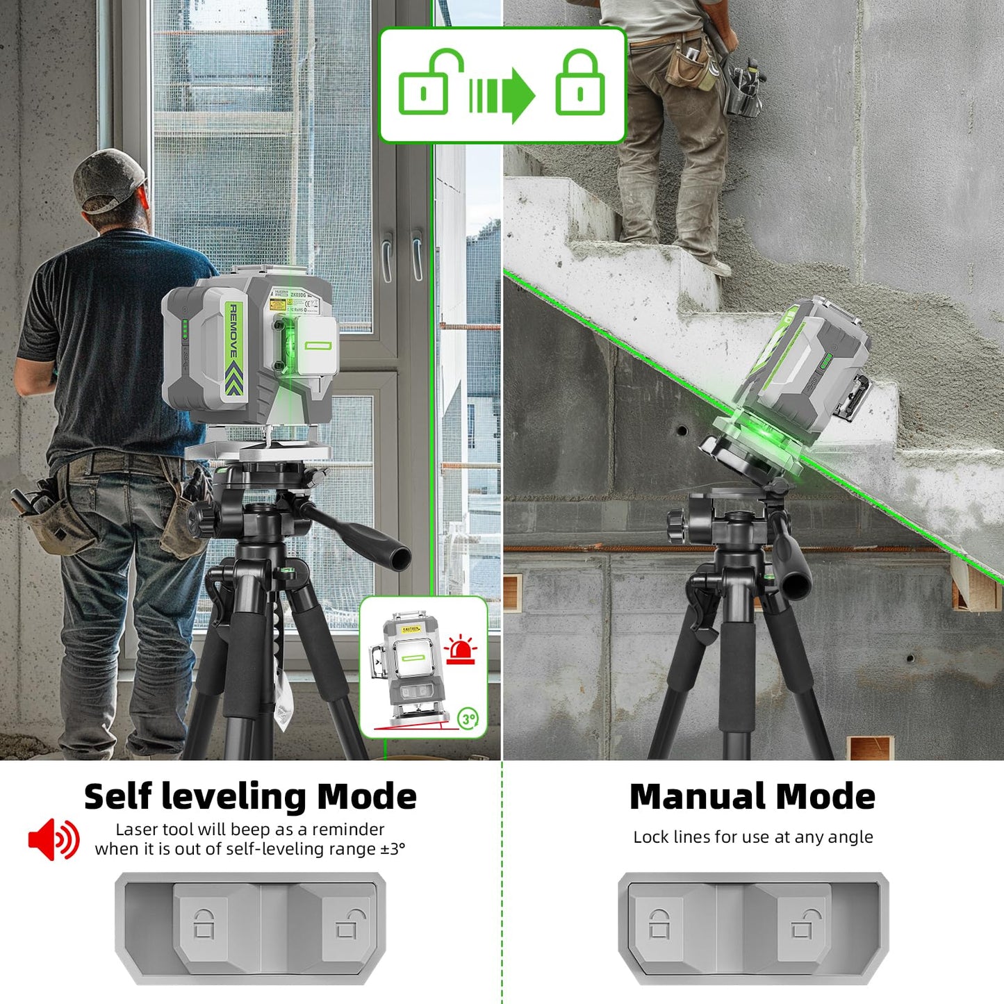 Huepar Pro Laser Level, 3x360° Self Leveling Green Tiling Level Laser Tool, 3D Cross Line Laser Level Tool, High Accuracy Floor Laser with 8000mAh Li-ion Battery, Remote Control & Hard Carry Case