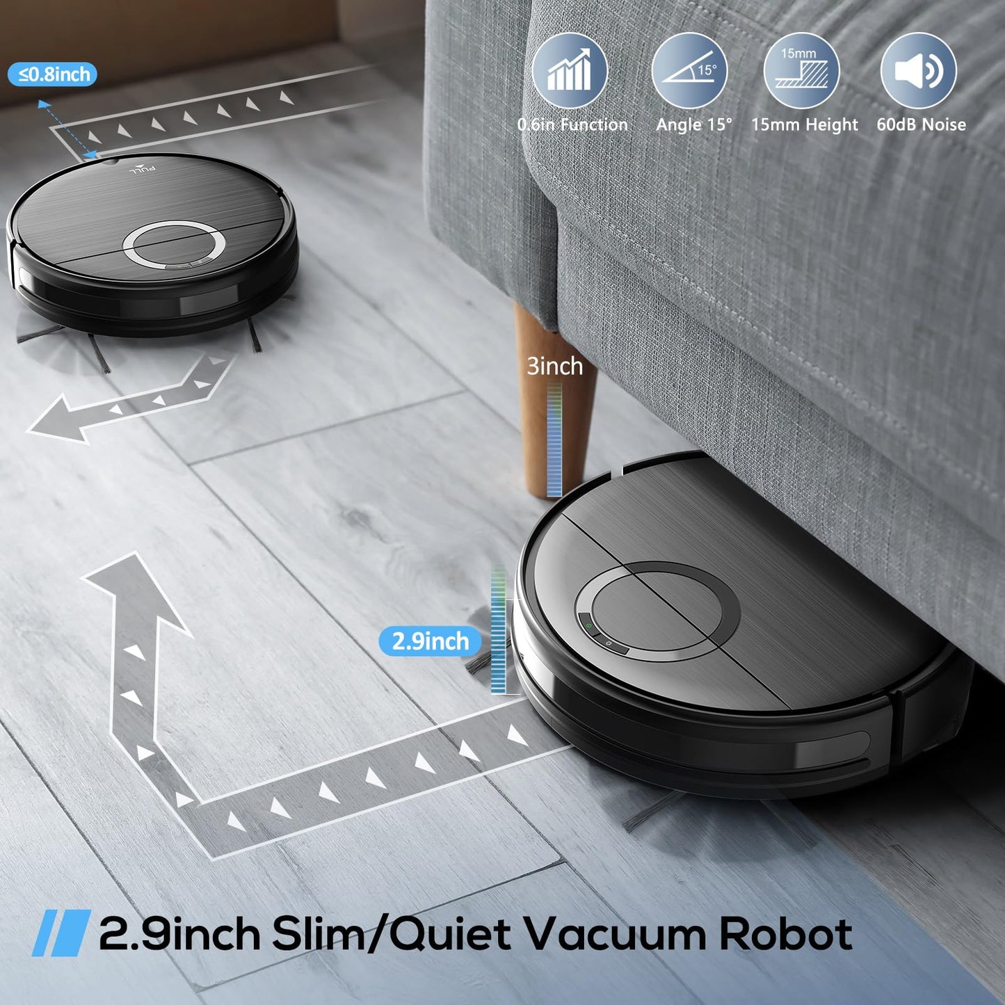 UMMUND Robot Vacuum and Mop Combo, 2 in 1 Mopping Robotic Vacuum Cleaner with Schedule, Wi-Fi/App/Remote, Strong Suction, Self-Charging, Slim, Ideal for Hard Floor, Pet Hair, Low-Pile Carpet