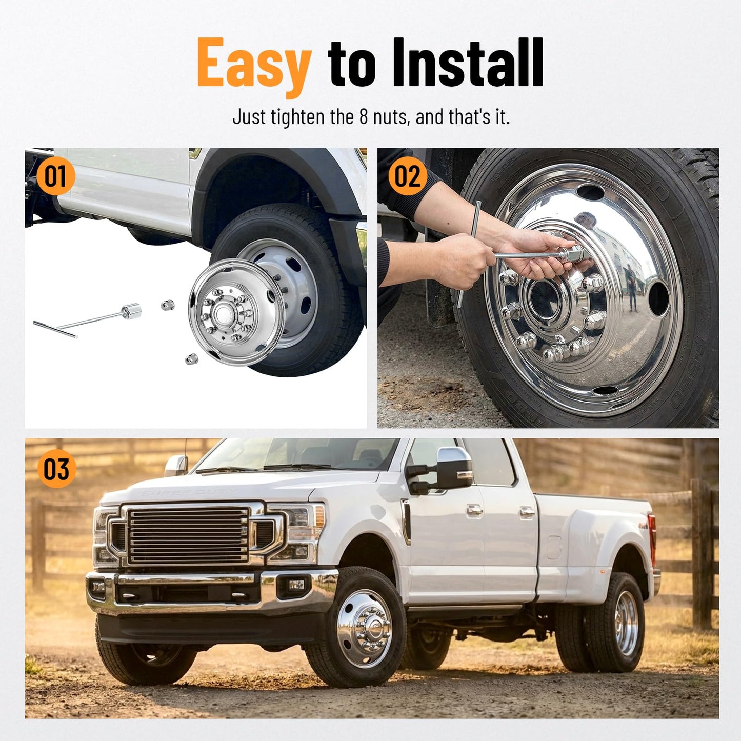 Foritrue 19.5" Hubcaps 10 Lug 304 Stainless Steel, 19.5 Wheel Simulators Polished Surface, 2Pcs Front Wheel and 2Pcs Rear Wheel, Bolts On Wheel Cover Set Compatible with Ford 2005-2025 F450/F550