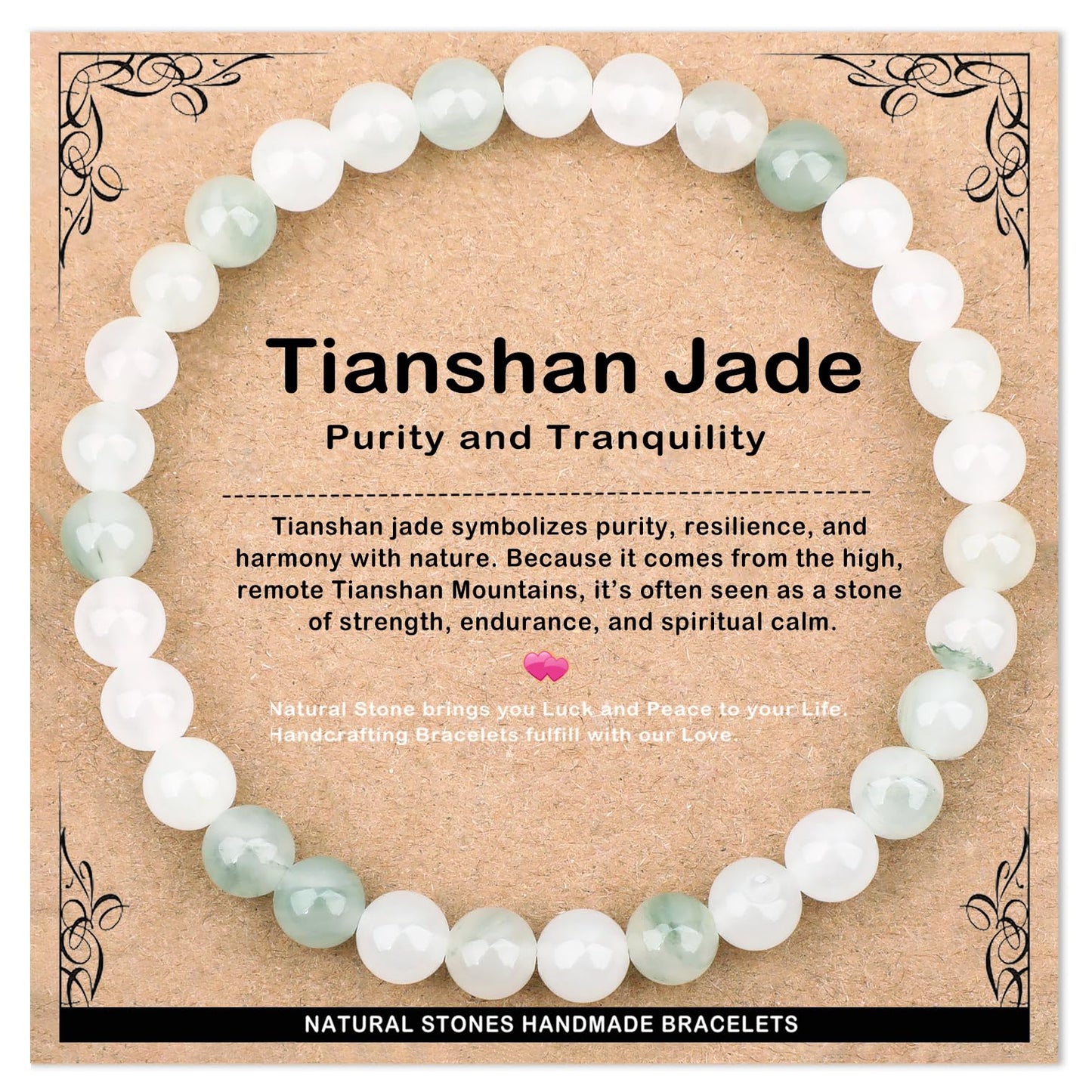 AD Beads 6mm Handmade Tianshan Jade Elastic Bracelet – Natural Gemstone for Purity and Tranquility – Meditation, Yoga, Healing and Energy Gift for Men Women