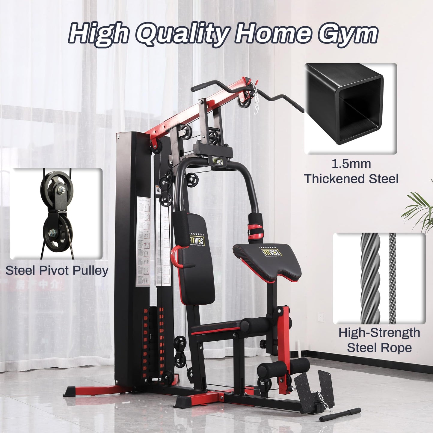 Fitvids Multifunctional Home Gym Equipment, Black/Red, with 122.5 lbs Weight Stack, Full Body Workout Weight Machine, All in One Exercise Equipment with Pulley System for Home Gym Strength Training