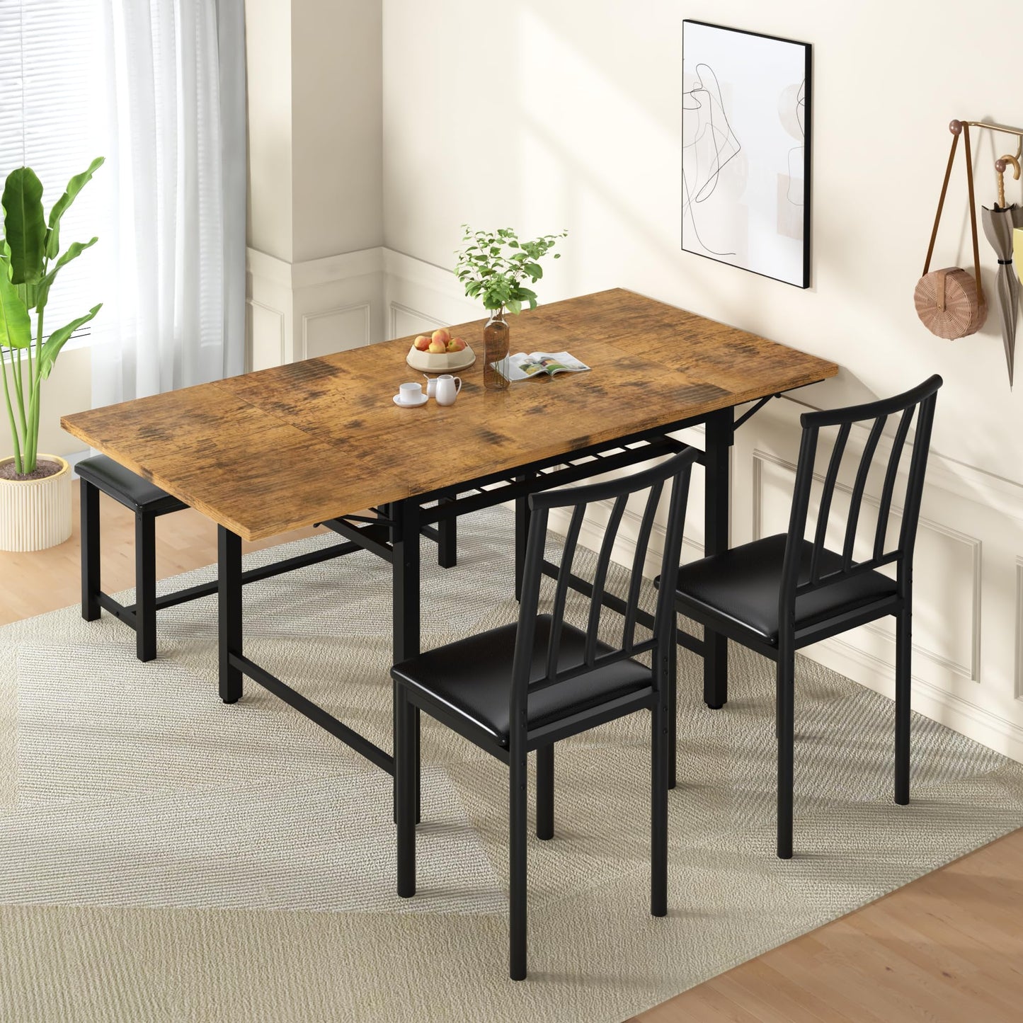 Lamerge 4-Piece Dining Table Set for 3-6 People, 63" Extendable Kitchen Table Set with 1 Bench and 2 Backrest Chairs, Faux Wood Table Square Dining Table Set with Drop Leaf for Small Space