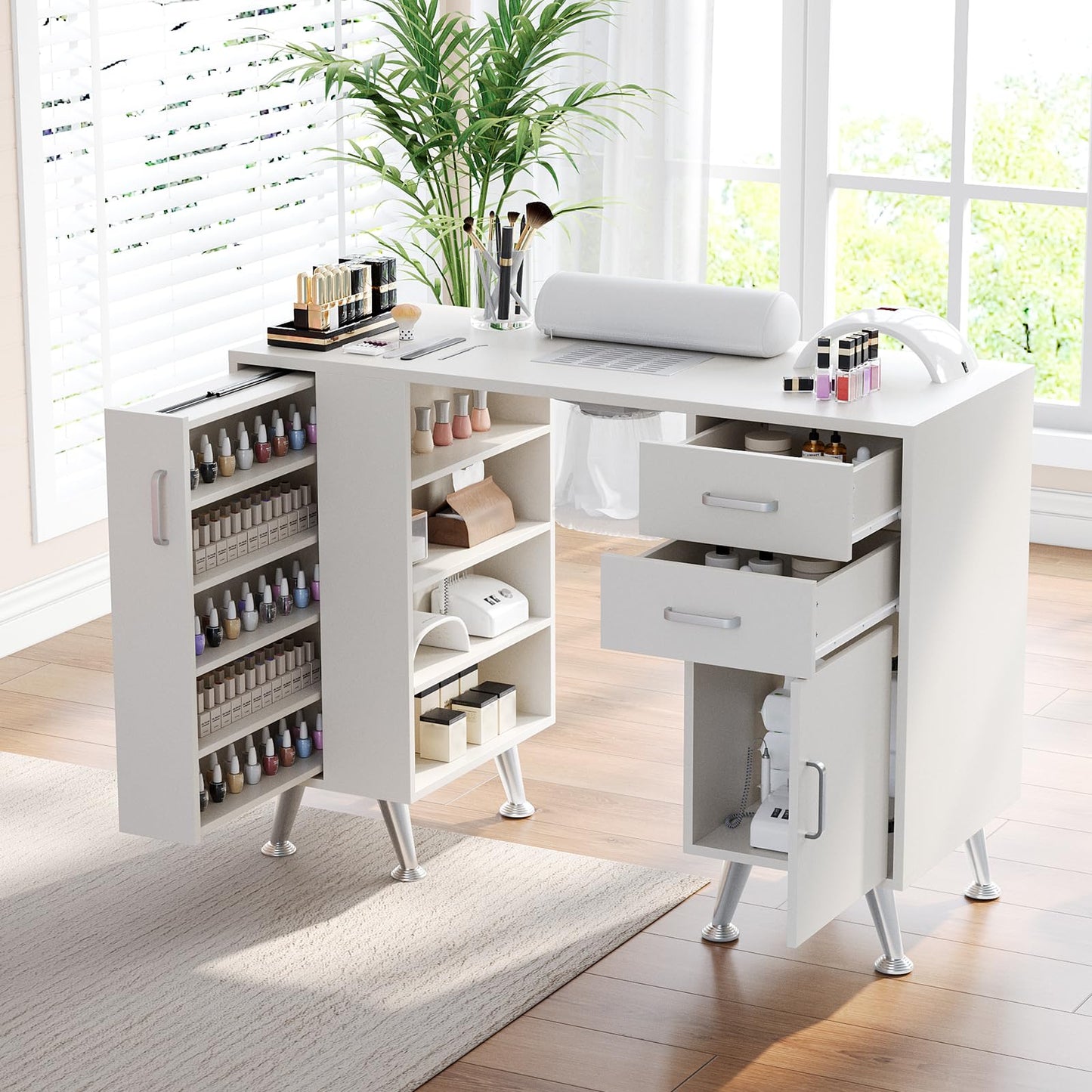 42" Professional Manicure Table for Nail Tech with Electric Dust Collector, Nail Desk with Vertical Pull-Out Locker, 1 Storage Cabinet, 2 Drawers Open Shelves & Wrist Rest for Beauty Salon
