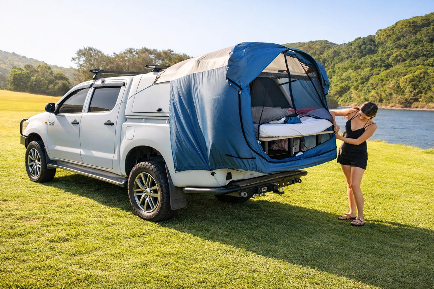 DAC DA2 Full-Size Truck Bed Tent for Caps– Fits Ford F-150, Chevy Silverado, Toyota Tundra, Tacoma (2005+), Tailgate ≥ 58" – Converts Truck with Cap into Camping Tent