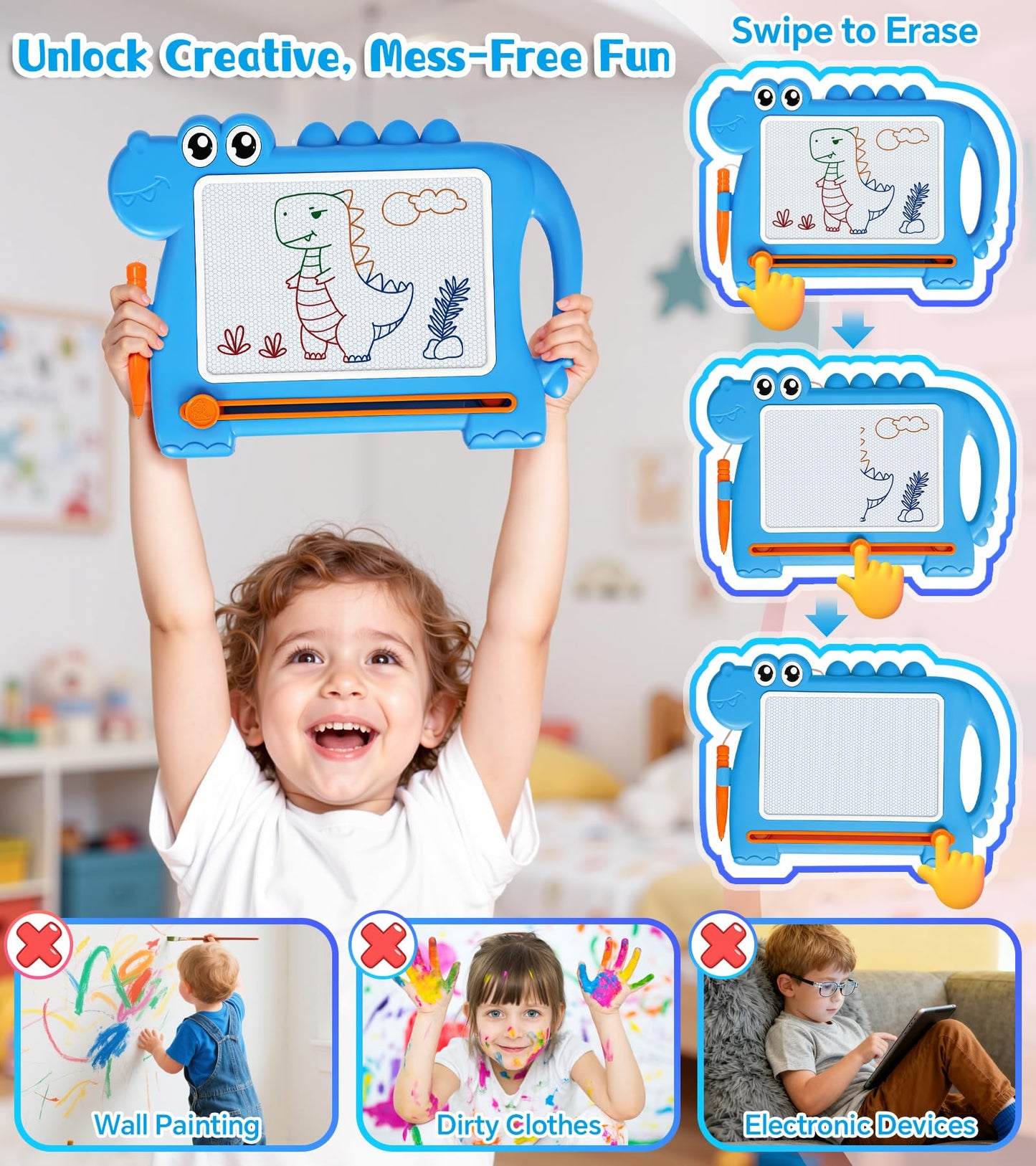 AiTuiTui Magnetic Drawing Board for Toddlers 1–3, Cute Dinosaur Doodle Board with Detachable Legs & Carry Handle, No Stamp Mess-Free Writing Pad, Safe Educational Toy for Kid Boys & Girls Gift, Blue