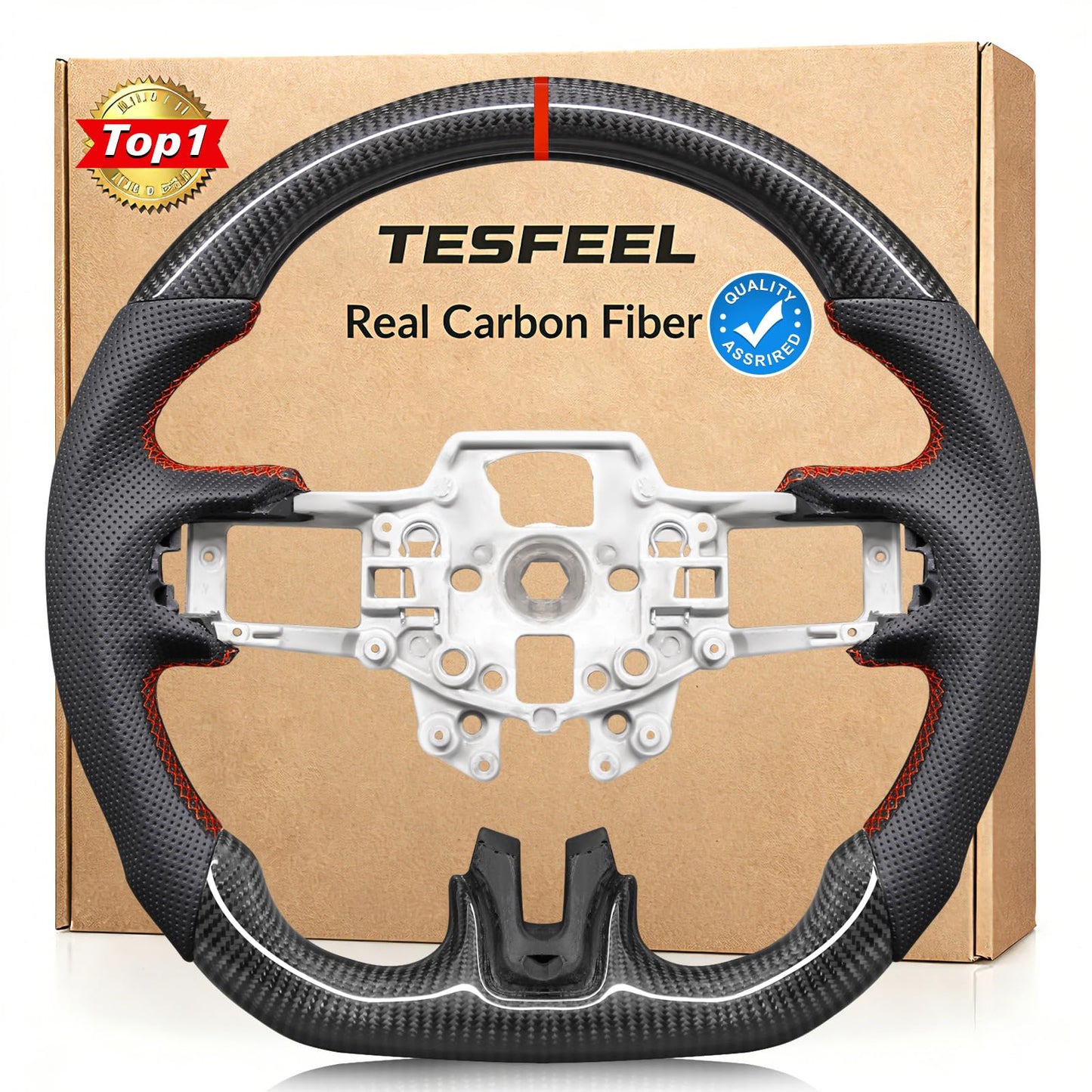 TESFEEL Real 3K Carbon Fiber Steering Wheel for Ford Mustang 2015-2017, D-Shape Flat Bottom, Premium Nappa Leather with Red Stripe & Hand-Stitching, for V6/Base/EcoBoost/GT/Shelby GT350&GT350R