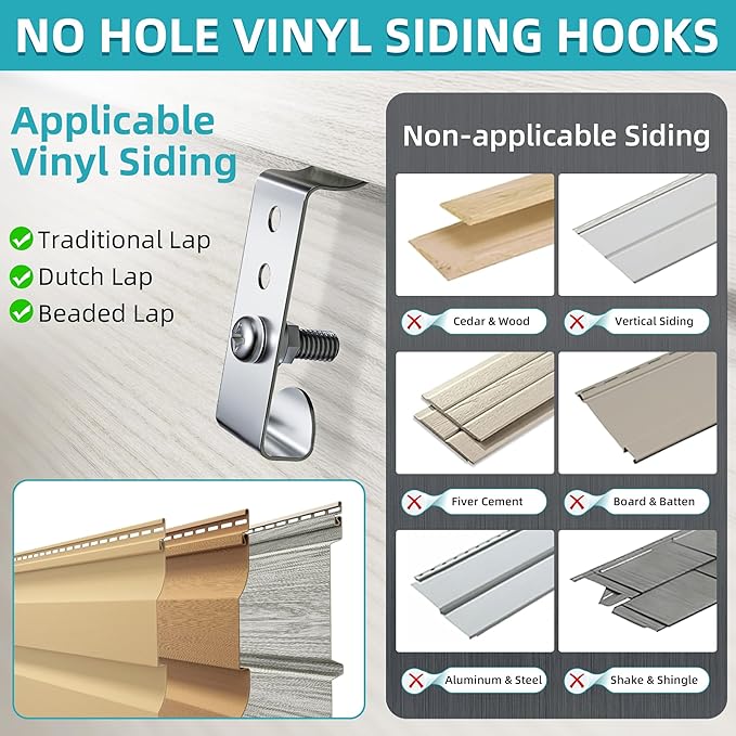 Amuille 10 Pack Vinyl Siding Clips, Vinyl Siding Screws Hooks for Hanging Outdoor Decors, No-Hole Siding Hanger Camera Mount Hook for Blink, Ring, Arlo, Doorbell, Plaques