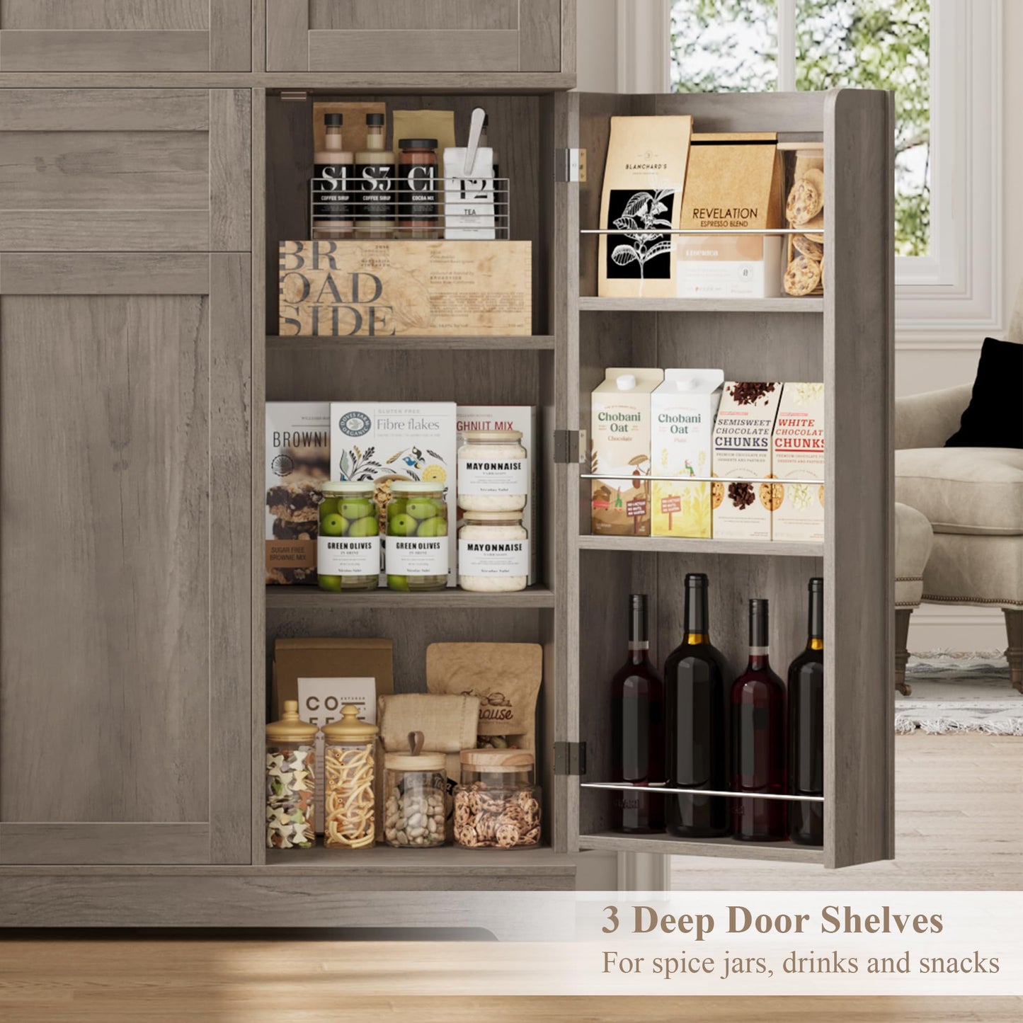 HOSTACK 68" Tall Kitchen Pantry Storage Cabinet, Modern Kitchen Hutch Cabinet with Doors and Shelves, Freestanding Food Pantry with Large Storage Drawer for Dining Room, Living Room, Ash Gray
