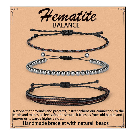 QOGIR Handmade Healing Bracelets,4mm Natural Hematite Gem Stone Beads Bracelet,for Men Women Gifts with 2PCS Size Adjustable Rope Bracelets
