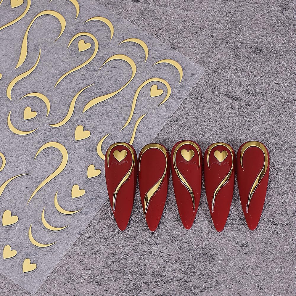 6 Sheets Valentines Day Nail Art Stickers 3D Bronzing Silver Gold Line Heart Nail Stickers Swirl Stripe French Style Nail Decals Valentines Peach Hearts Manicure Supplies for Women Nail Decoration