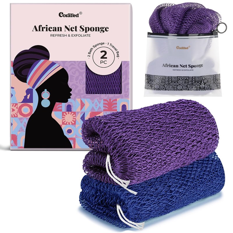 CORATED African Net Sponge with Knots Authentic, Shower Loofah Exfoliating Bath Sponge, Body Scrubber for Women and Men Daily Use Body Care, Travel Portable, Durable Bath Accessories for Bathroom