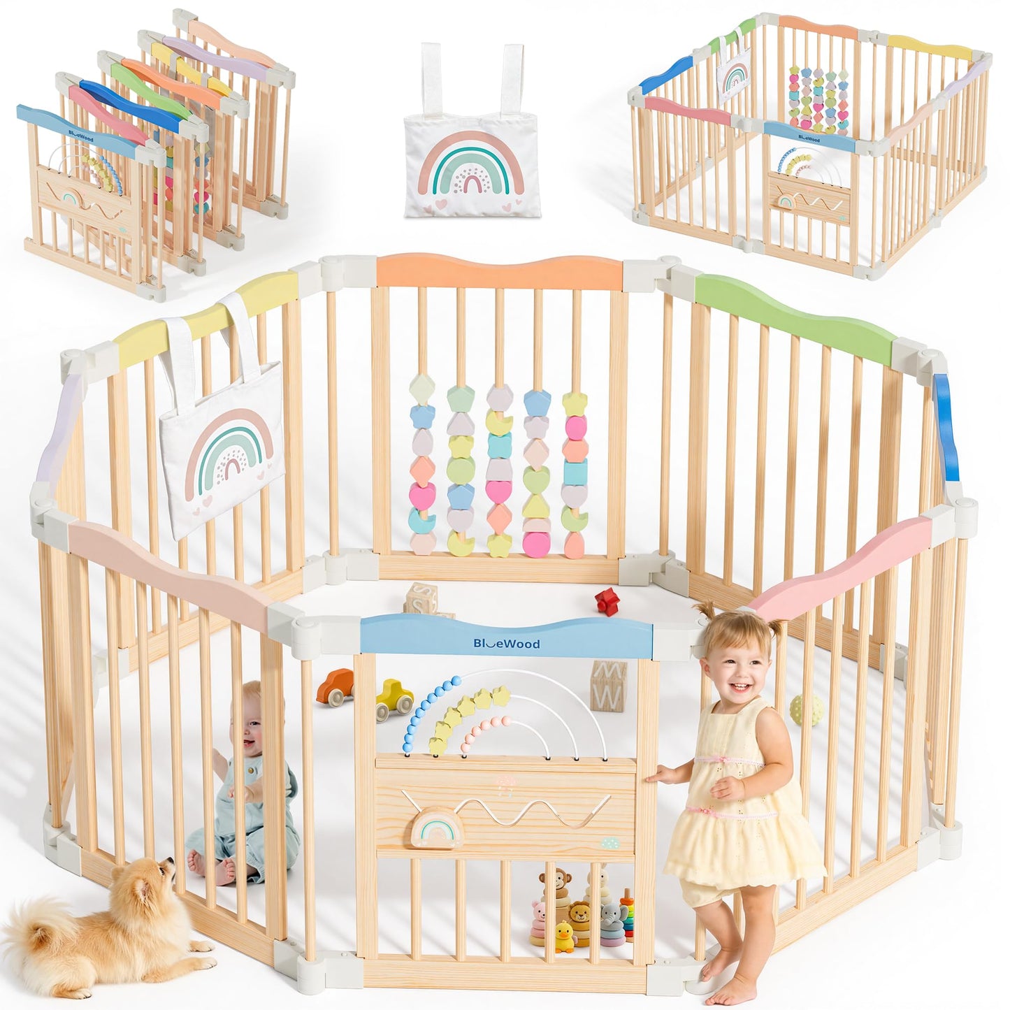 Foldable Wooden Baby Playpen - Adjustable Wood Play Yard, Indoor Large Safety Fence for Babies and Toddlers - No Door Design, 45 x 45 x 24 inches, Pastel Dream