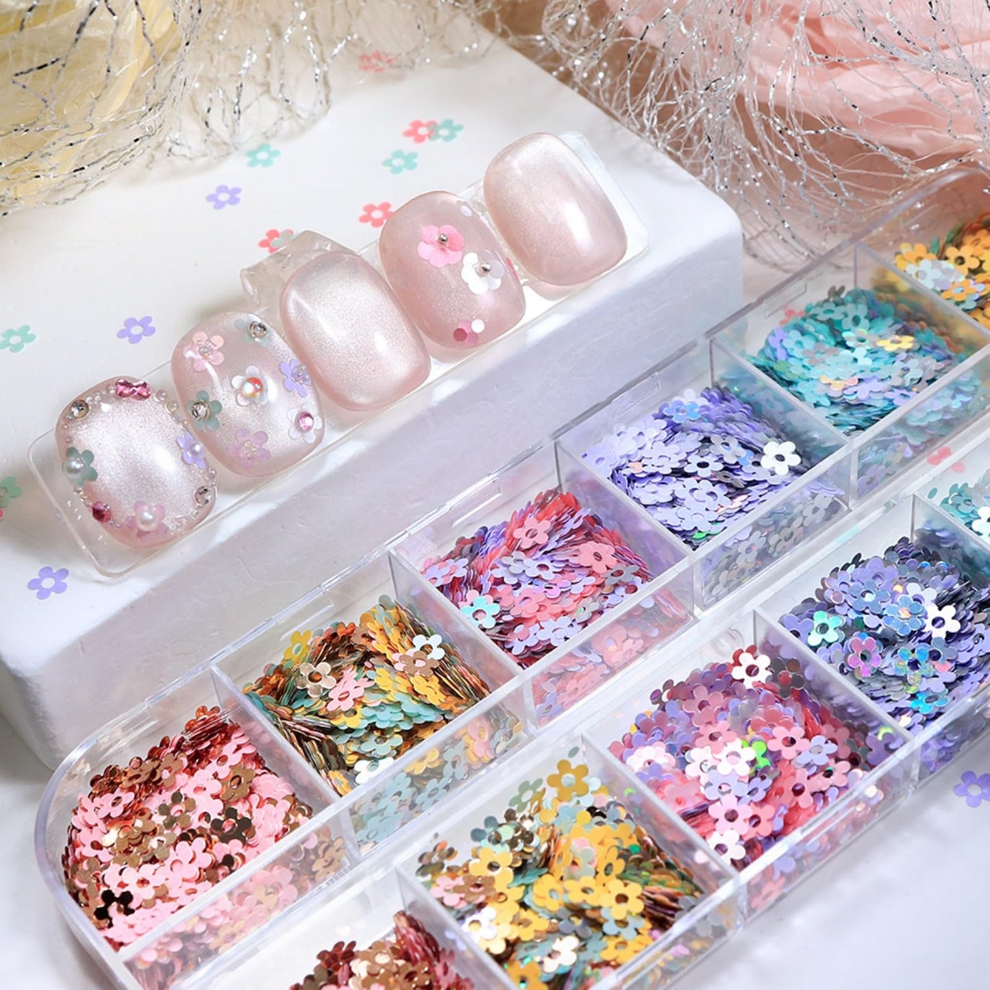 1 Box 6 Color Holographic Flower Nail Glitter Small Floral Nail Sequins 3D Pink Gold Nail Flakes Spring Glitter Flakes Shiny Nail Sequins Glitter for Women Manicure Art 12 Grids