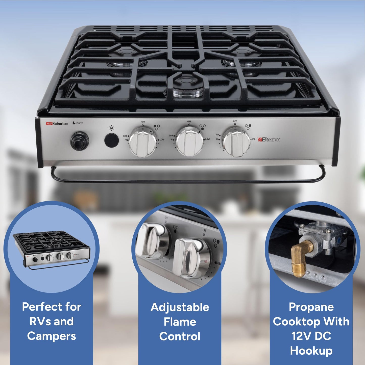 RecPro Suburban RV 3 Burner Propane Gas Cooktop | Slide-In Black Triple Burner Stove | 9000 BTU Front Burner, Dual 6500 BTU Rear Burners | Piezo Ignition | 12V DC