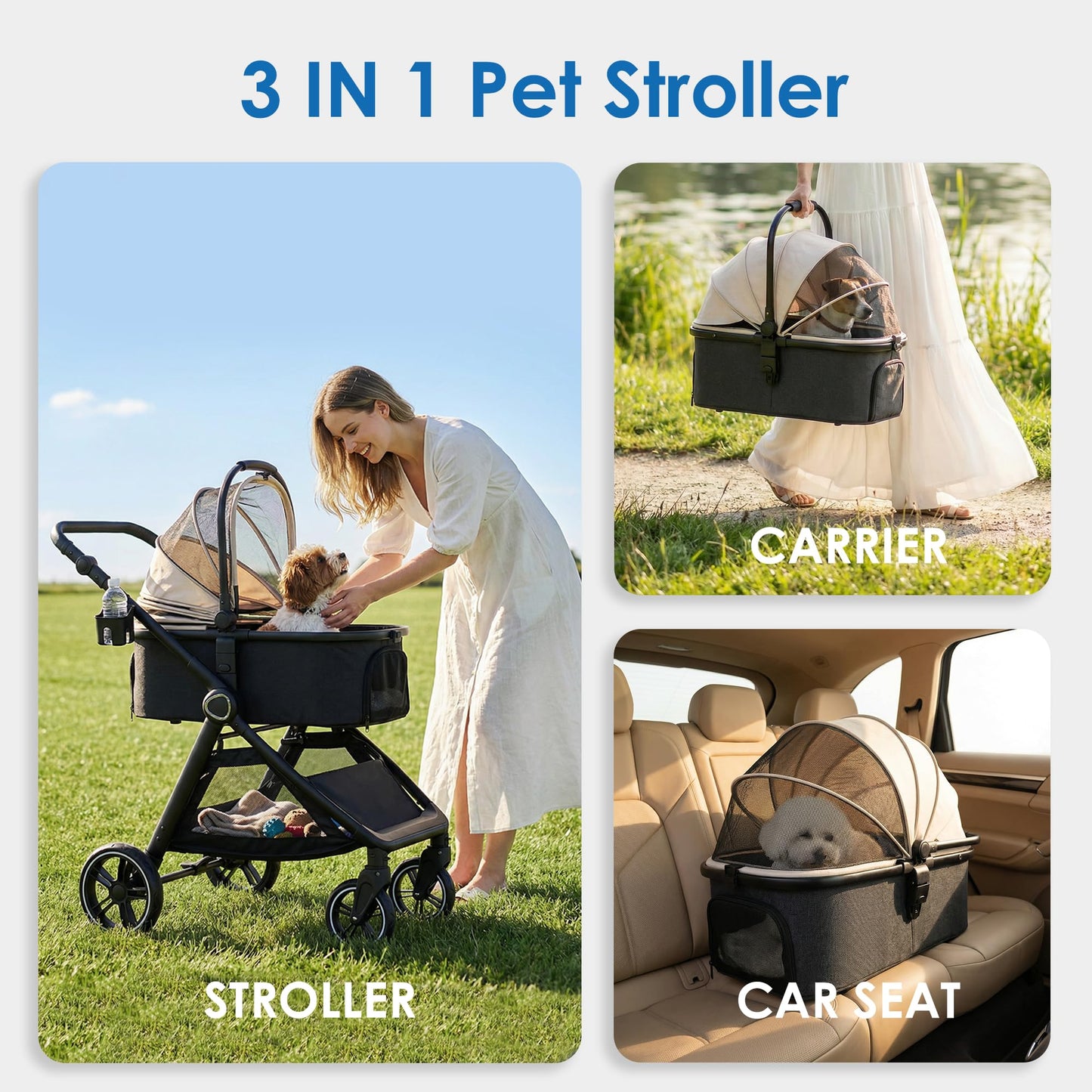 KAVELLIN Pet Stroller for Small Medium Dogs Cats Up to 50lbs, Dog Stroller with Removable Carrier, One Click Folding Cat Strollers, All-Terrain 4 Wheels Pet Strollers, Beige