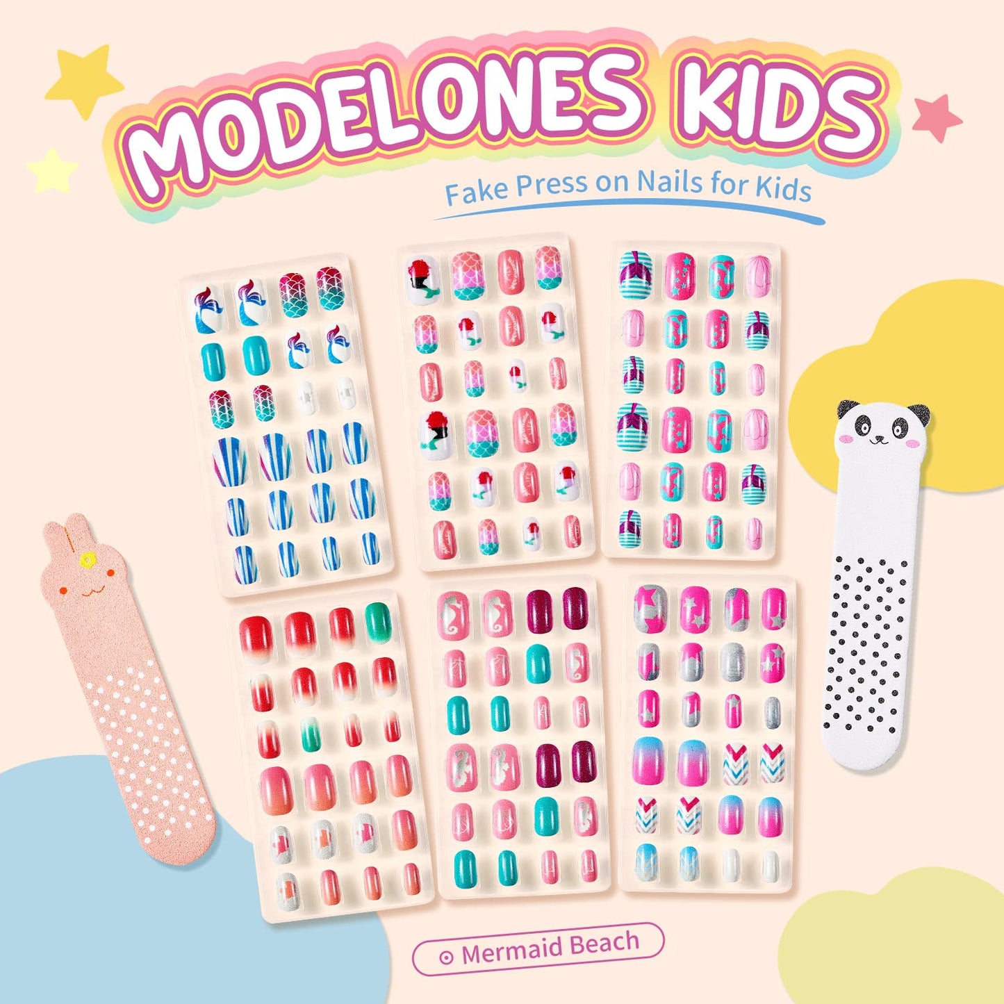 Modelones Press on Nails for Kids 144Pcs 6 Pack Children Acrylic Fake Nails Pre-glue Full Cover Glitter Color Mermaid Beach Short False Nail Art Kits Sets Gifts for Girls