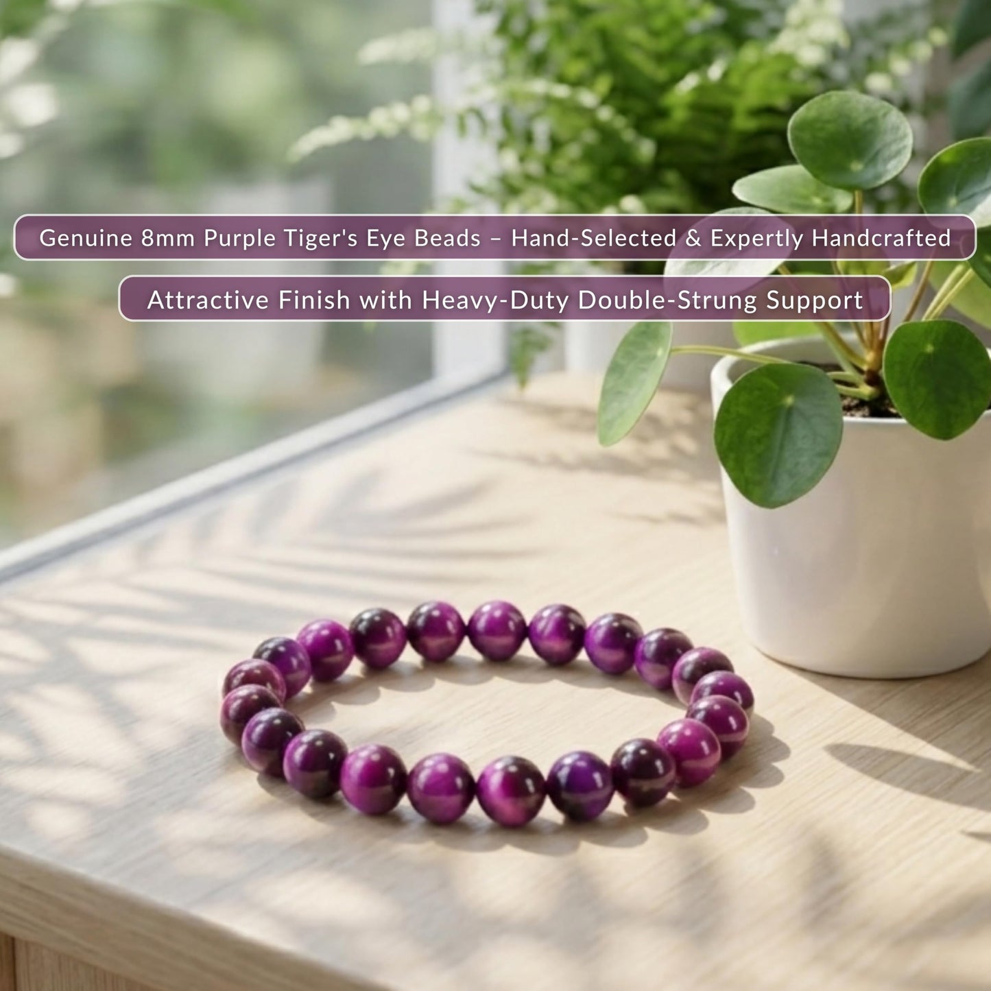 Cherry Tree Collection Purple Tiger's Eye Beaded Bracelet – Genuine 8mm Gemstone Stretch Bracelet for Men & Women – Handmade Crystal Bracelet - (Purple Tiger's Eye - M)