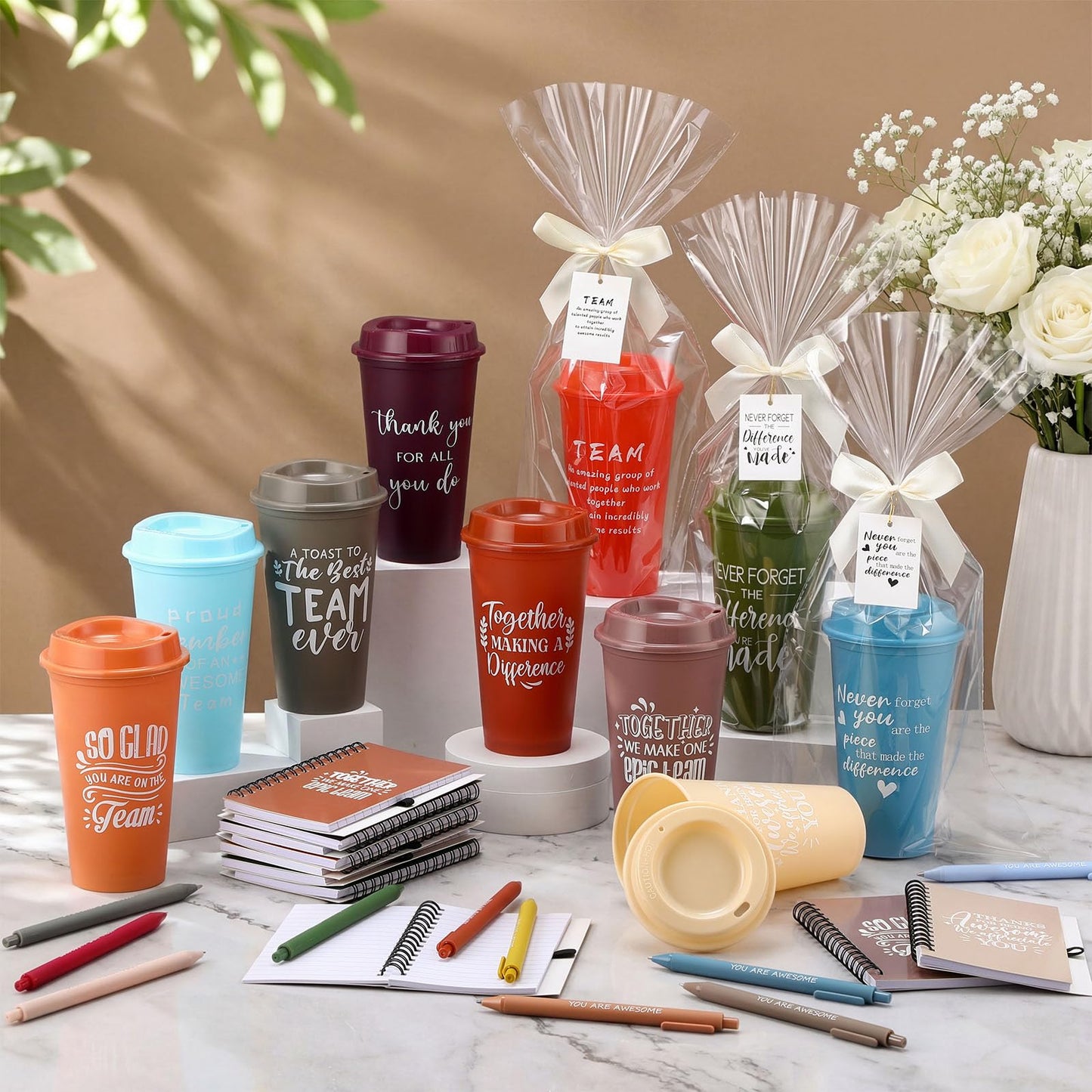 Willinglong 60 Pcs Employee Appreciation Gift Set, Including 16oz Thank You Tumblers Notebooks Ballpoint Pens and Bags Holiday Gifts for Office Colleagues, Teachers and Team(Difference,Vibrant Color)