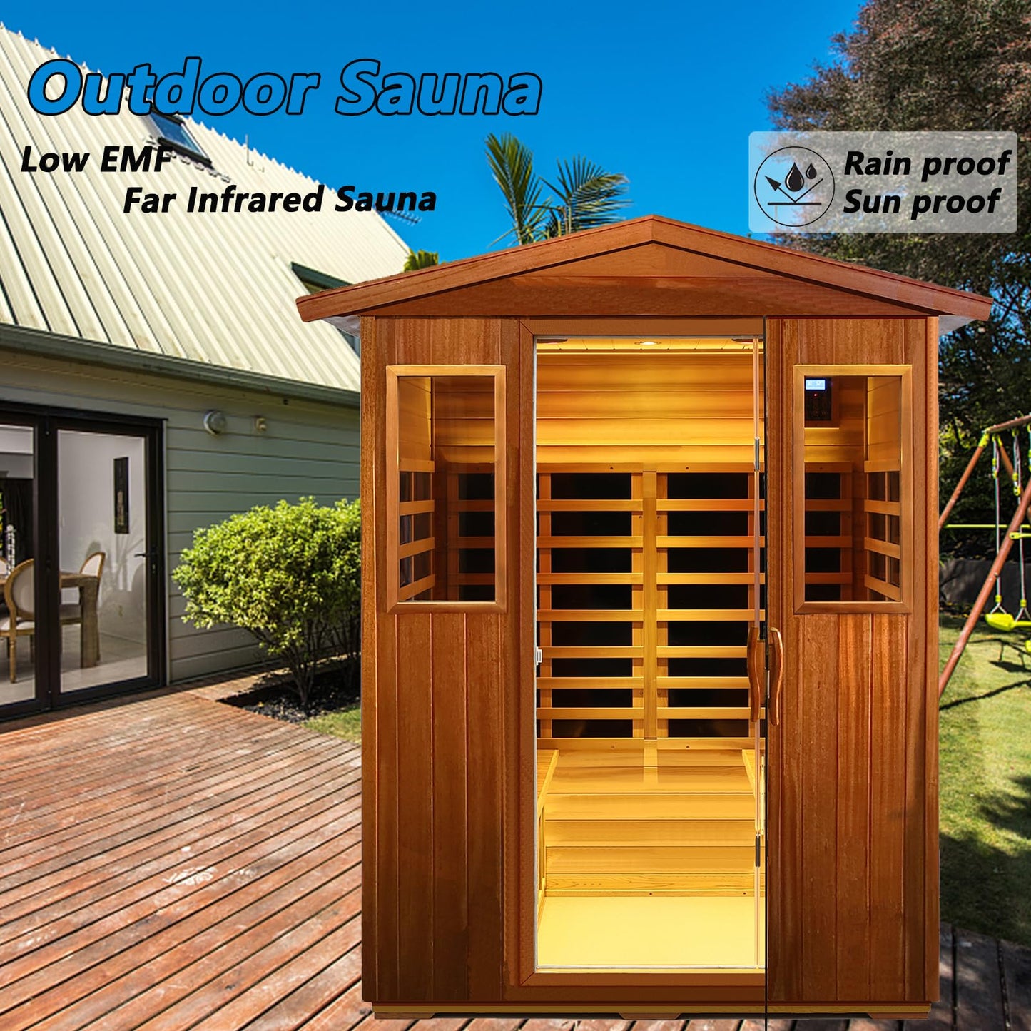 Kanlanth Outdoor Sauna 4 Person Low EMF Far Infrared Sauna for Home, 2050W Mahogany Wooden Sauna Room for Outdoor Indoor Home, with Blue-Tooth, LCD, LED