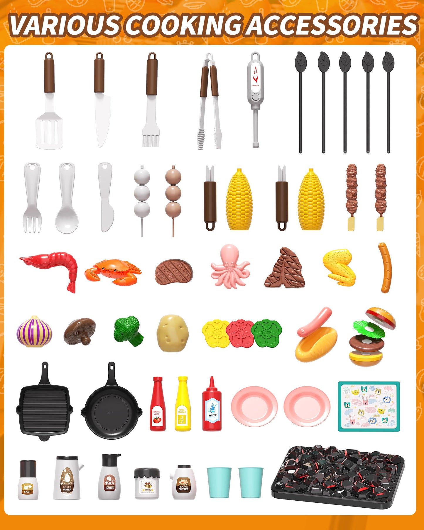 STACTCUTE Kids BBQ Grill Playset with Realistic Steam, Sound & Lights - 60Pcs Pretend Play Kitchen Food Toy for Toddlers Boys Girls for 3-5+ - Sturdy Double-Layer Outdoor Backyard Cooking Set Gift