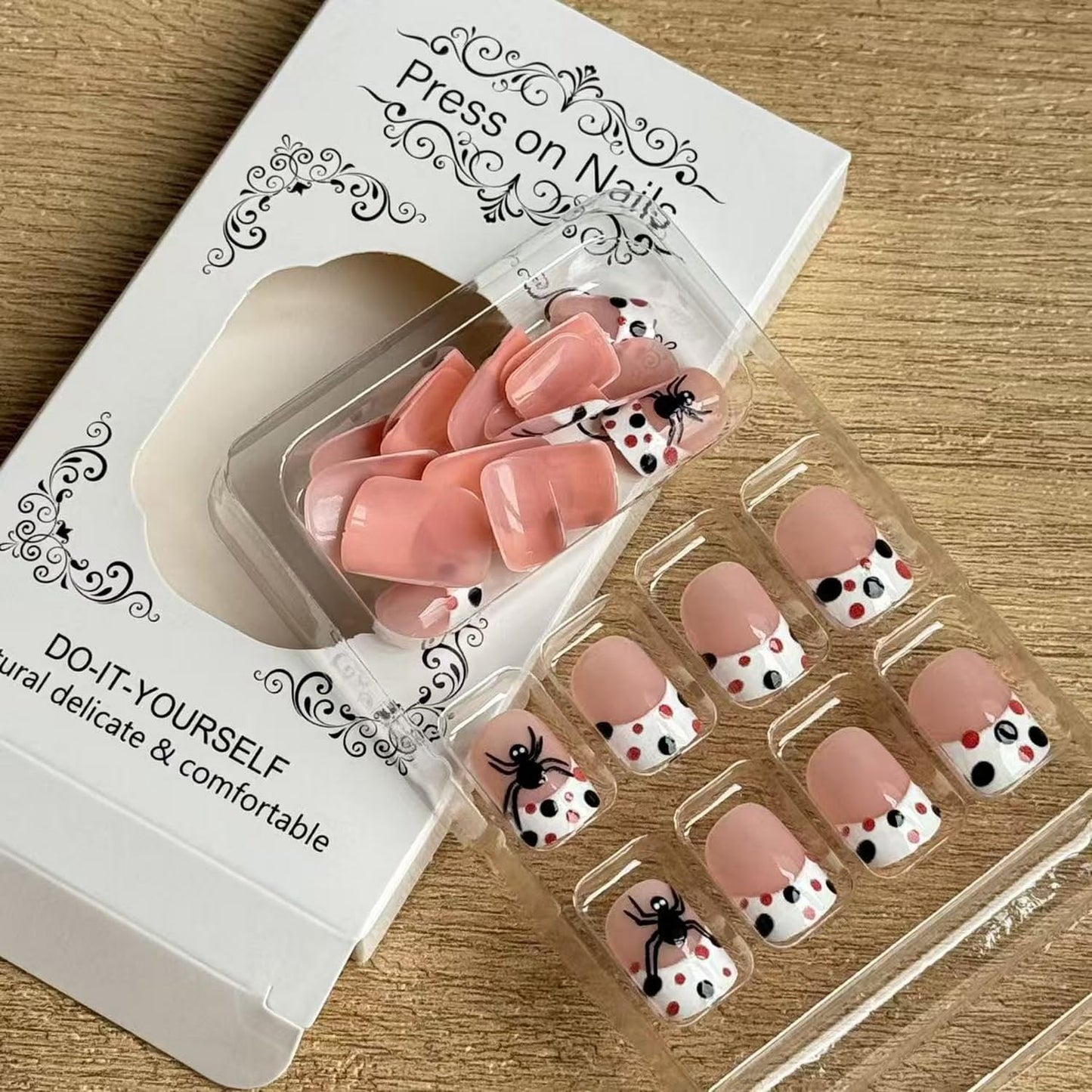 Halloween Press on Nail Short Square Fake Nails Full Cover French Tip with Polka Dot designs Cute Stick on Nail Spider Press ones Glossy Reusable Glue on Nails for Women Party Decor24pcs