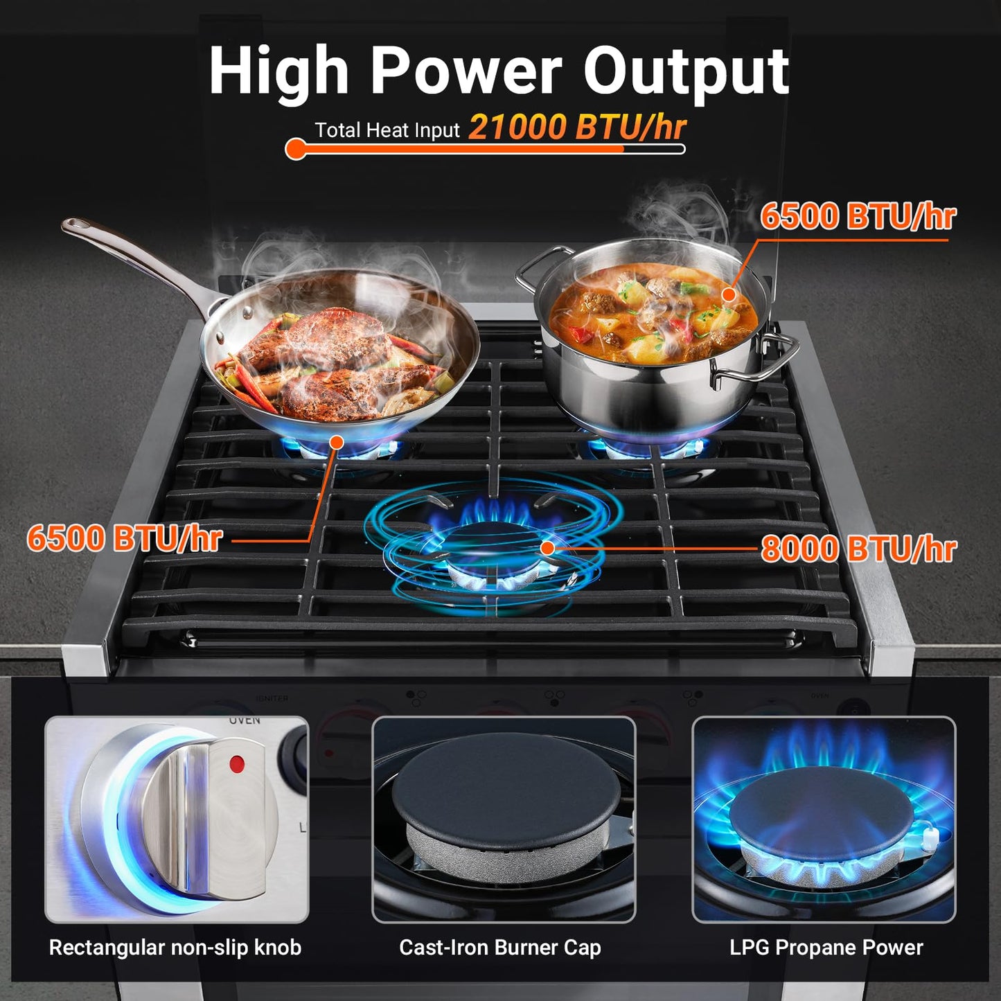 AMZCHEF RV Gas Range Stove 12V. Range Oven for RV Use with 3 Burners,Gas Oven, 28,100BTU, Open Flame Configuration, Knob work indicator, Heavy Duty Cast Iron Grates (Large 21 inch)