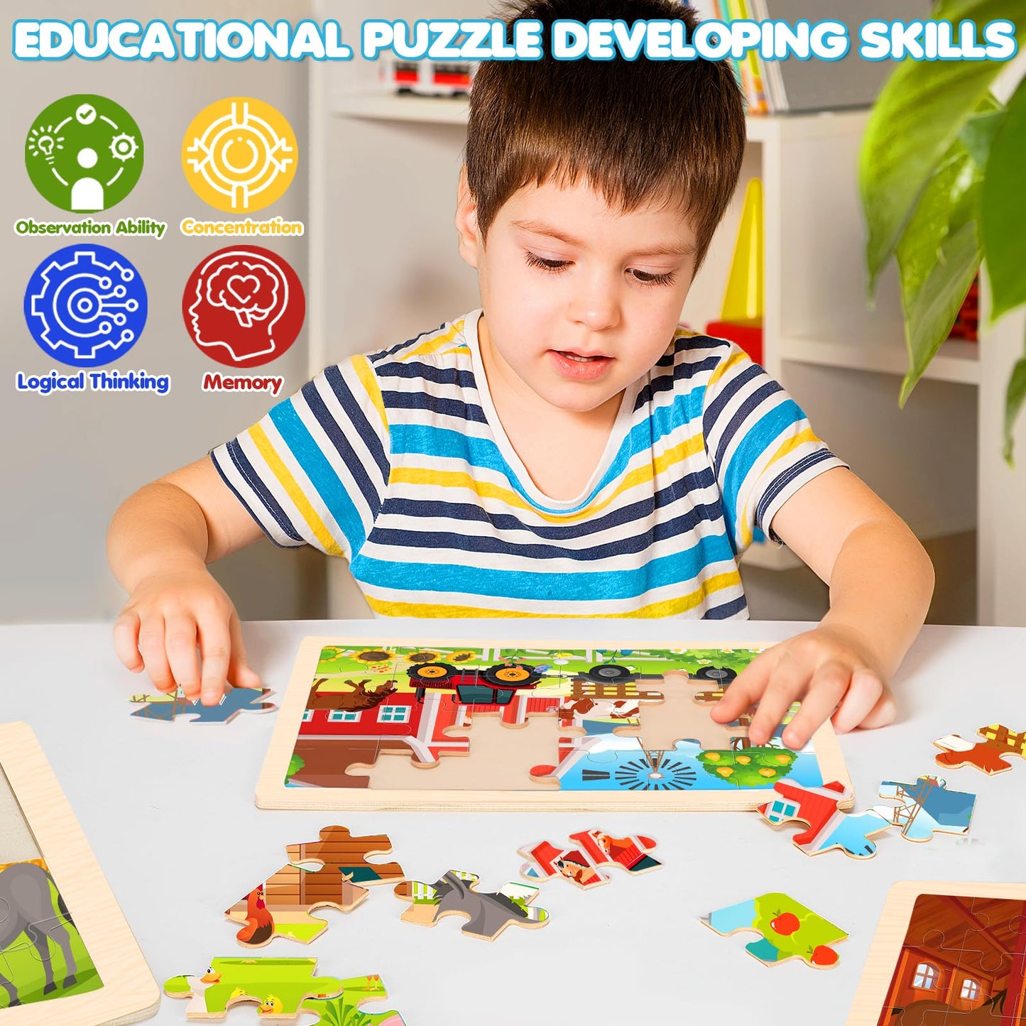 4-in-1 Farm Wooden Puzzles for Kids Ages 4-6, 24 PCS Wooden Jigsaw Puzzles for Toddlers Ages 3-5, Preschool Educational Puzzles Boards Toys Gifts for 3 4 5 6 Boys Girls