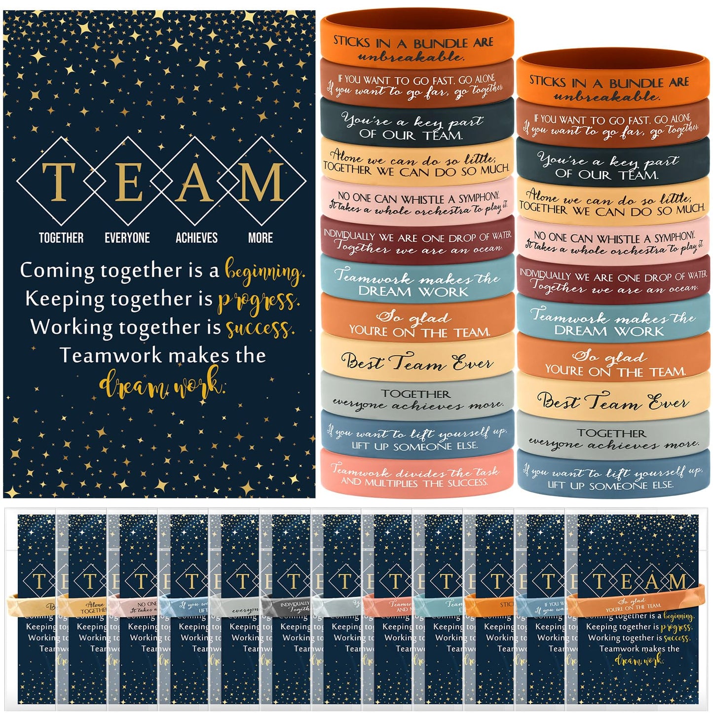 XunYee 48 Sets Team Appreciation Gifts for Employees Motivational Quote Silicone Bracelets Inspirational Card Office Gifts for Coworkers Staff Volunteer(Active Color)
