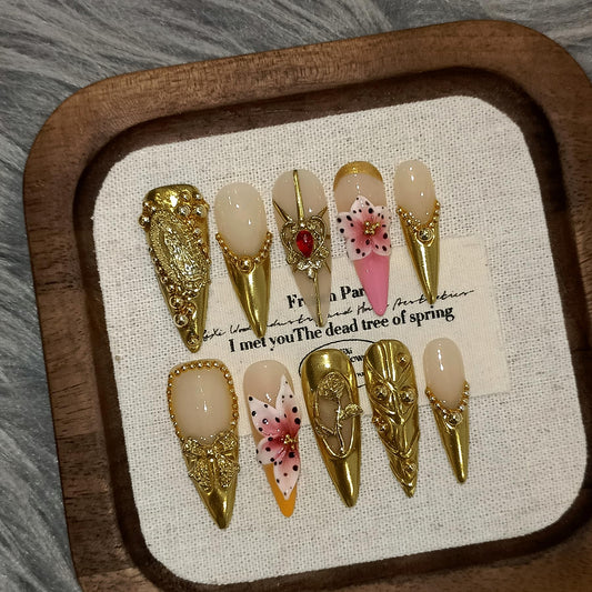 TENPAL Antique Gold French Tips Press on Nails Long Stiletto,Baroque Style Fake Nails with 3D Charms Roses,Cherubs,Bows,Soft Gel Metallic Fake Nails Kit Tools 10pcs,Full Cover Vintage Luxe Nails(S)