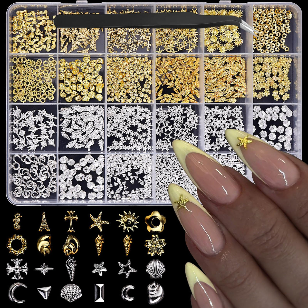 Gold Silver Nail Charms 3D Alloy Flower Nail Gems Ocean Beach Starfish Seashell Nail Jewels Multi-Shapes Metal Sun Moon Star Nail Art Supplies with Tweezer for Women DIY Acrylic Nail 24 Grids 1 Box